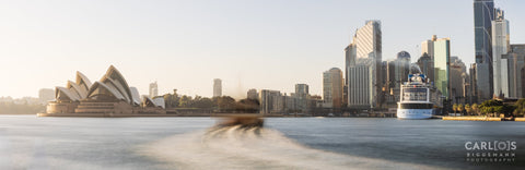 panoramic view of the Sydney skyline and harbor in Australia.